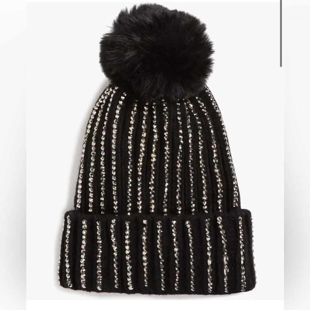 NWT Natasha Couture Black & Silver Embellished Beanie winter snow ski fashion